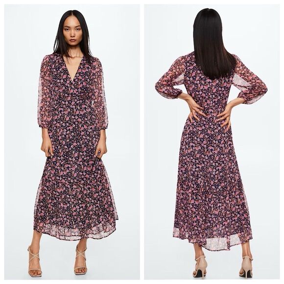 MNG By Mango V-Neck Maxi Dress Sz 4 XS Chiffon Floral Print 3/4 Sleeve - Picture 1 of 12